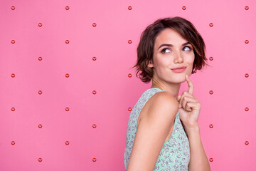 Profile photo of young nice lady touch finger chin thoughts planning her beautiful day looking...