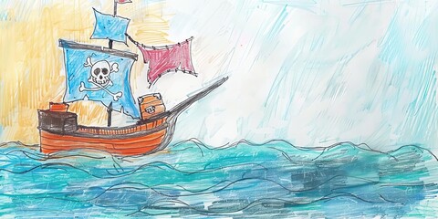 Fototapeta premium A colorful drawing of a pirate ship sailing on waves under a bright sky.