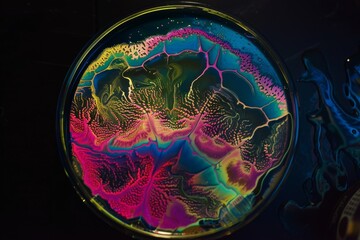 Vibrant bacterial art in petri dish