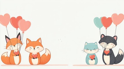 Fototapeta premium Cute cartoon animals holding heart balloons celebrating love.