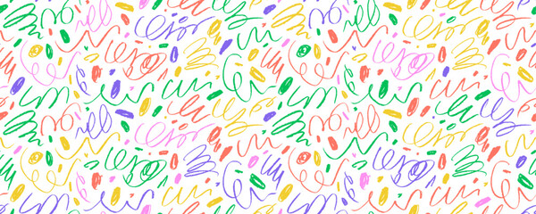 Colorful funky squiggles seamless pattern. Crayon drawn childish squiggles, swirls, trendy scribbles.