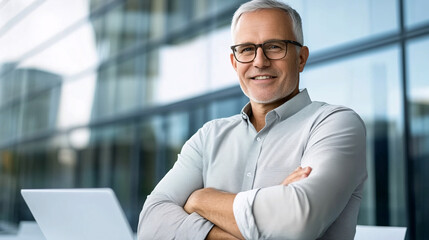 Obraz premium Confident Businessman in a Modern Office with a Bright and Professional Atmosphere