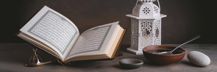 Obraz premium Quran Open on Stand with Lantern and Bowl