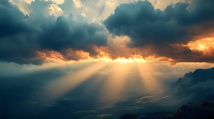 Fototapeta premium Dramatic Sunset Rays Pierce Dark Clouds Over Mountains