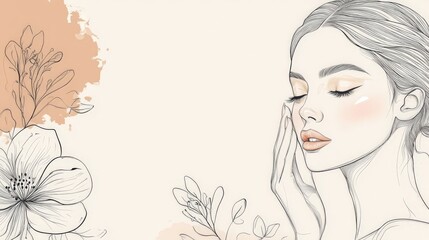 Artistic portrait of young caucasian female with floral elements in minimalistic style