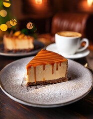 Sweet caramel cheesecake slice with a cup of cappuccino in a warm and inviting cafe atmosphere.