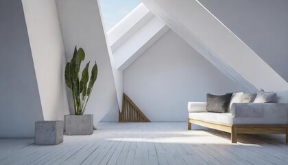 Sun shining on window of attic room with white sofa, potted plant and wooden geometric decorations.
