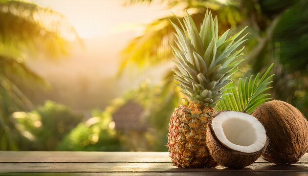 Bright tropical background with pineapple and coconut fruits. 