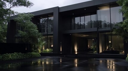 Fototapeta premium Modern Dark House Exterior Design in Night