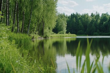 Obraz premium Calm lake, lush forest, sunny day, tranquil scene, nature backdrop