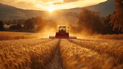 Fototapeta premium Golden Wheat Field Harvesting at Sunset with Tractor, Scenic Landscape of Agricultural Fields and Dust Clouds Against Hills and Trees