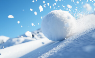 A snowball rolling downhill in motion, scattering snow particles under a bright, sunny sky.