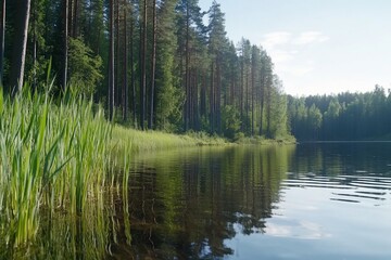 Calm lake, pine forest, summer morning, reflection