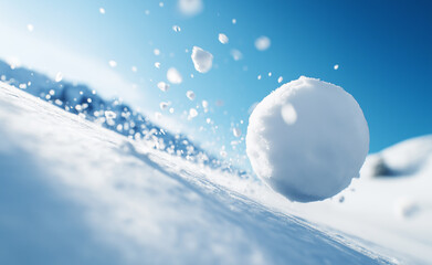 A snowball rolling downhill in motion, scattering snow particles under a bright, sunny sky.