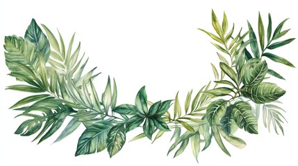 Fototapeta premium Watercolor painting of lush tropical foliage arranged in a semi circle