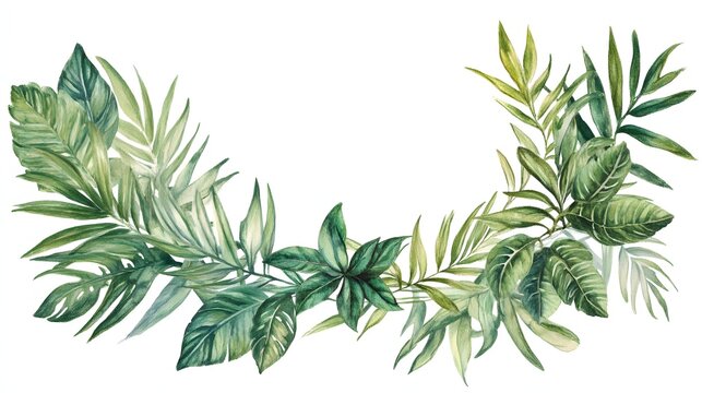 Watercolor painting of lush tropical foliage arranged in a semi circle