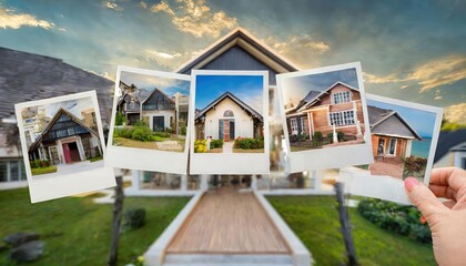 Realtor holding different photos of houses for sale, searching for right home for her clients.