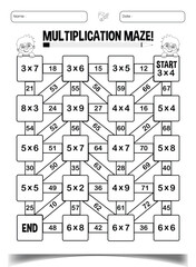 Multiplication maze puzzle worksheet for children