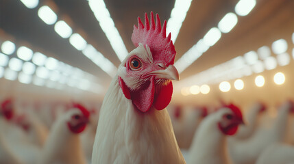 A close-up of a white chicken in a brightly lit barn, showcasing farm life and poultry.