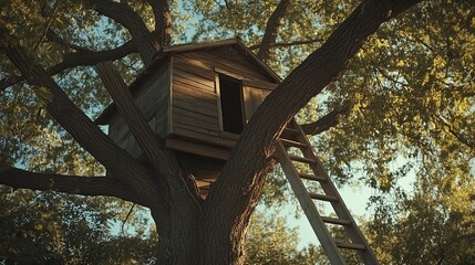 A rustic treehouse with a wooden ladder nestled in a tall oak tree