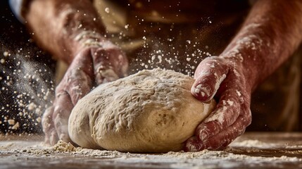 Fototapeta premium baker kneading dough in a rustic bakery setting with warm, natural lighting emphasizing texture and authenticity