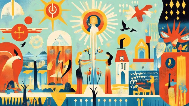 Illustration of good life featuring allegories of virtue abstract patterns of unity and the philosophical pursuit of human flourishing