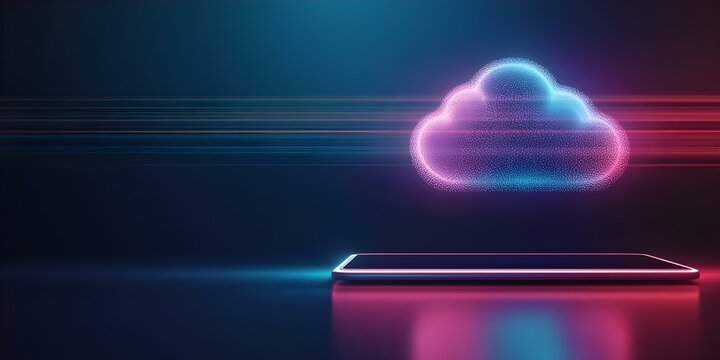A stylized cloud symbol above a smartphone, representing cloud computing and data transfer with vibrant colors and glowing effects. Concept Stylized Cloud Symbol, Cloud Computing