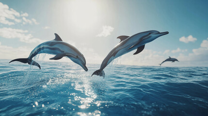 A pod of dolphins gracefully jumping out of crystal-clear blue water under a bright, sunny sky.