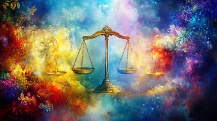 Political philosophy depicted allegories of justice and equality featuring scales illuminated by philosophical light and historical ideals