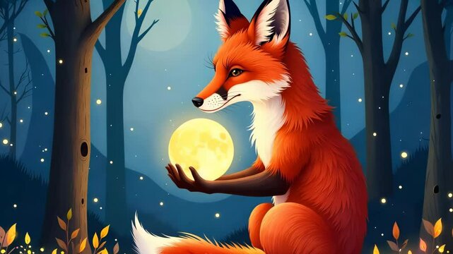 A fabulous fox holds the moon in its paws. The mysterious forest