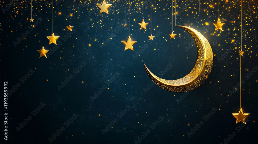 Fototapete dark blue background with crescent moon and scattered stars for the religious holiday of ramadan wit
