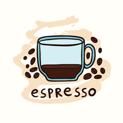 Half Cup Of Espresso And Coffee Beans Vector Illustration