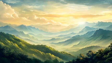 Serene Sunrise Over Lush Mountain Ranges
