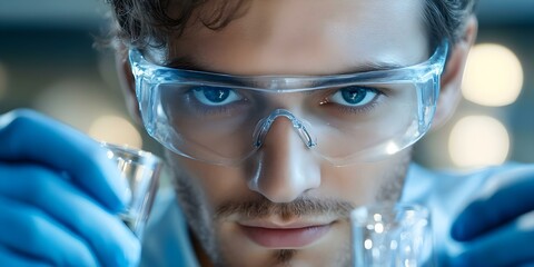 A close-up of a focused scientist wearing safety goggles, holding glass lab equipment in a laboratory setting. Concept Laboratory Close-Up, Focused Scientist, Safety Goggles, Glass Lab Equipment