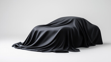 A sleek car hidden under a black silk sheet in a minimalist studio setting, hinting at a mysterious reveal.