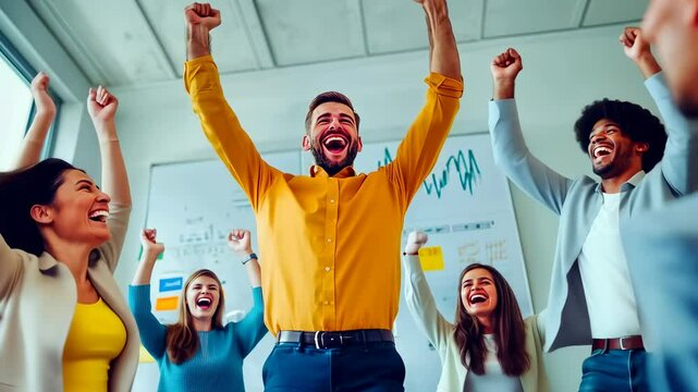 Young Caucasian man celebrates success office.Colleagues surround rejoicing team member.Woman laughs enjoying coworker's happiness.Brightly lit space fosters positive work environment.Office