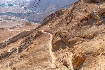 View of the snake path from above at Masada National Park in Israel.
