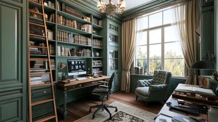Elegant home library with built-in bookshelves, desk, and armchair. © baehaqi
