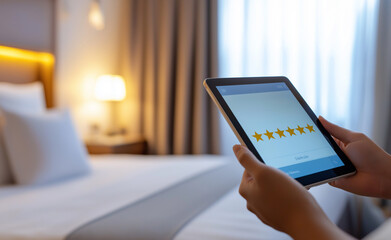 Person holding a tablet with a five-star rating interface, set in a cozy hotel room with blurred background.