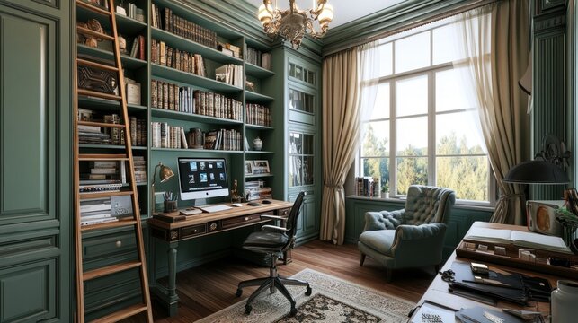 Elegant home library with built-in bookshelves, desk, and armchair.