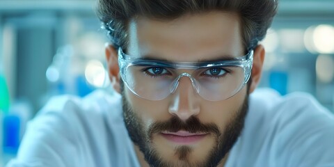 A young man wearing safety glasses, with a focused expression, likely in a laboratory or scientific setting. Concept Laboratory Safety, Young Scientist, Focused Expression, Research Environment