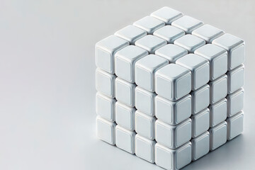 Fototapeta premium Puzzle cube made of white tiles on a light background. Space for text.