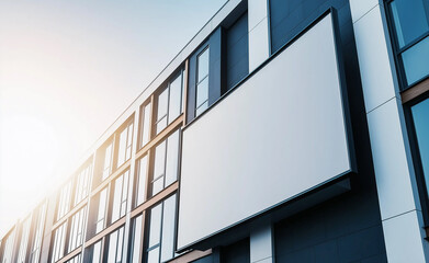 Fototapeta premium A modern building with a large blank billboard illuminated by sunlight, ready for advertising or branding