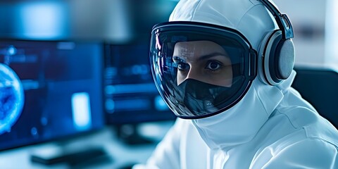 A person in a futuristic protective suit and helmet, sitting in front of computer monitors with a high-tech environment. Concept Futuristic Protective Suit, High-Tech Environment