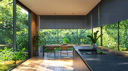 Sleek kitchen interior featuring modern shades and blinds, accented with green plants for a vibrant, fresh look.