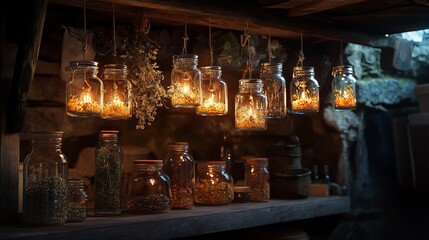 Illuminated Jars Hanging With Dried Herbs And Spices