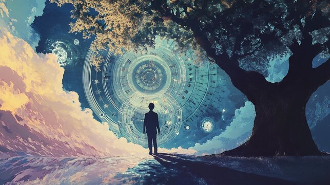 Free and determinism portrayed with cyclical time patterns and branching paths symbolizing the philosophical tension between choice and destiny