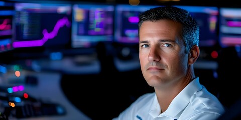 Fototapeta premium A person is sitting in front of multiple screens displaying graphs and data, likely related to finance or trading. Concept Financial Analysis, Trading Strategies, Data Visualization