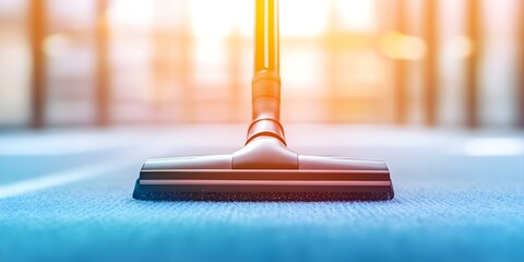 A vacuum cleaner nozzle is positioned on a carpet, with a bright, blurred background suggesting an indoor space. Concept Vacuum Cleaner Nozzle, Carpet Cleaning, Indoor Spaces, Blurred Background