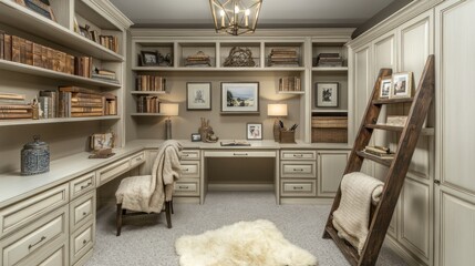 Elegant home office with built-in bookshelves, desk, and ladder.